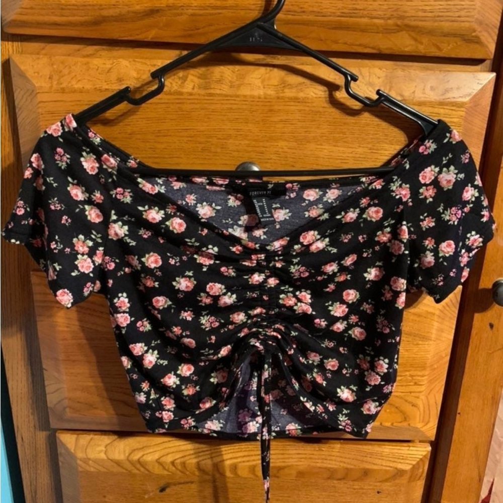 Floral Black Ruched Women's Top